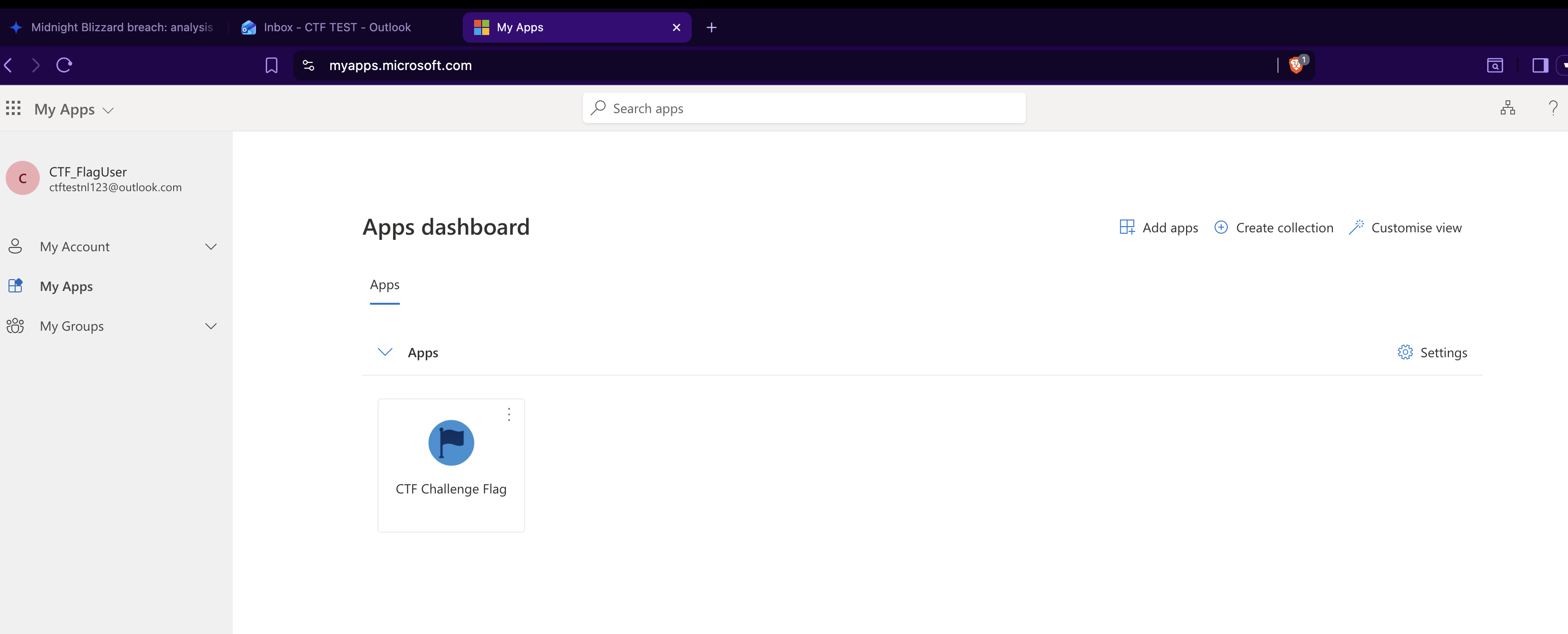 MyApps portal showing CTF Challenge Flag application