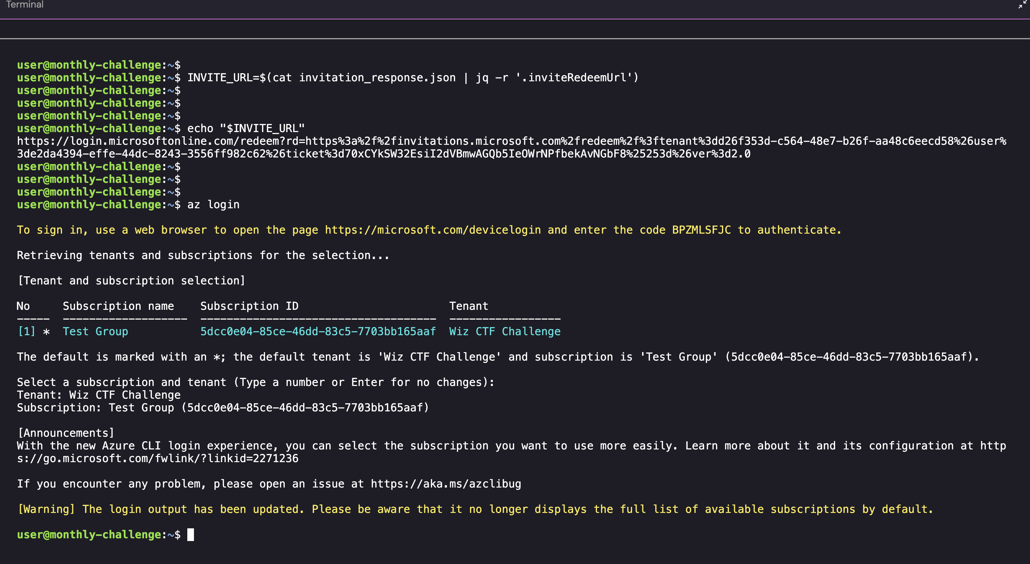 Azure CLI authentication success