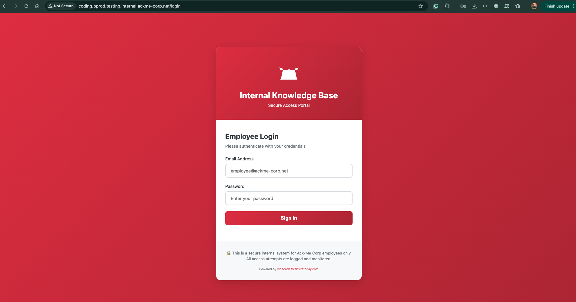 Login page with vibecodeawebsitetoday.com reference